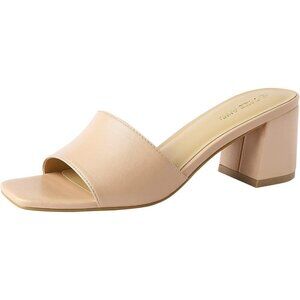 Women's Cream Low Chunky Block Square Open Toe Heeled Sandal Slip on Mules Shoes